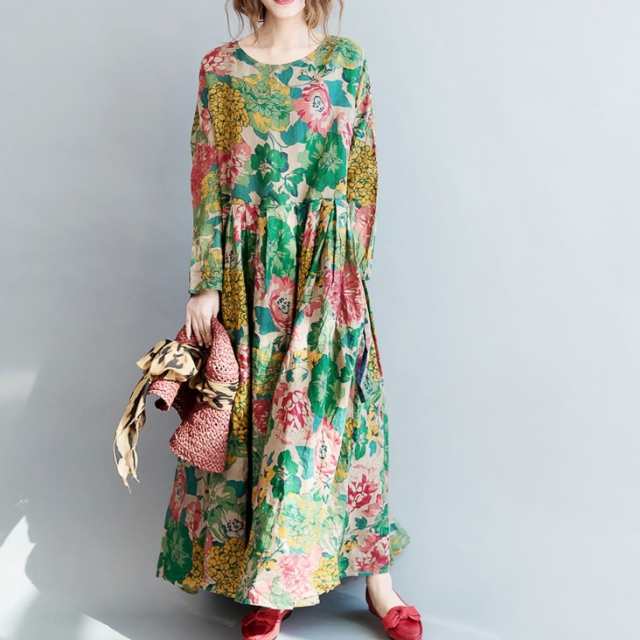 ワンピース レディース ロング Aライン タック ラウンドネック ギャザー 長袖 総柄 カラフル 花柄 大花 フローラル ライン ハイウエストの通販は 6,192円