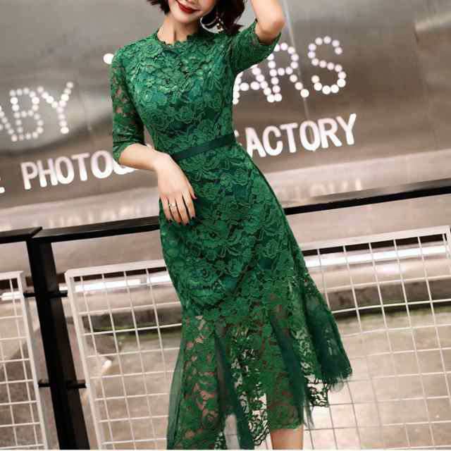 ドレス ワンピース レディース パーティドレス オケージョン 結婚式ドレス タイトドレス レース 総レース 刺繍 ミモレ丈 五分袖 プルオーの通販は