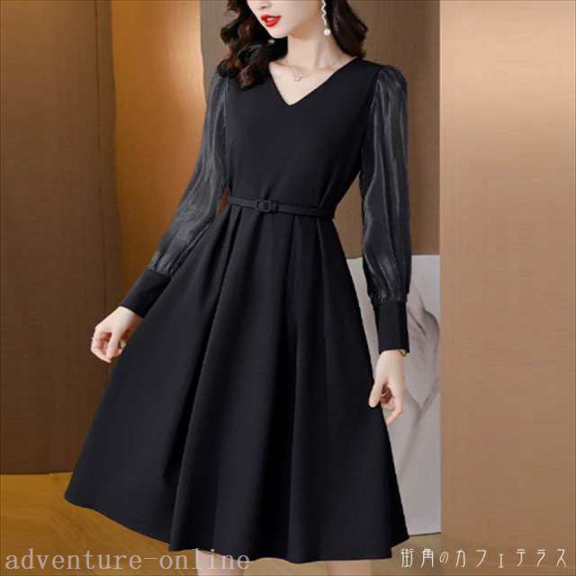 注目ランキング上位 話題商品 毎日使える便利品 衣装 ワンピース ロング丈 SNS話題 dress ロングドレス ひざ丈 ベルティングドレス Aライ 長袖 袖あり ドレス パーティドレス Vネック ロング 2色 即納対応中 送料無料