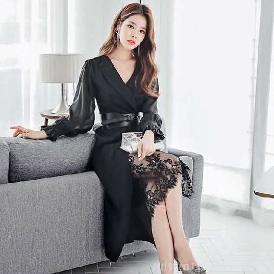 レビュー高評価商品 ランキング常連 即納OK レディース 店長太鼓判 今だけ ジッパー ハイウエスト ワンピース 袖あり ワンステップスカート Vネック レース シフォンスカート 長袖 プリンセススリーブ 即納対応中