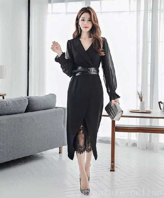 レビュー高評価商品 ランキング常連 即納OK レディース 店長太鼓判 今だけ ジッパー ハイウエスト ワンピース 袖あり ワンステップスカート Vネック レース シフォンスカート 長袖 プリンセススリーブ 即納対応中