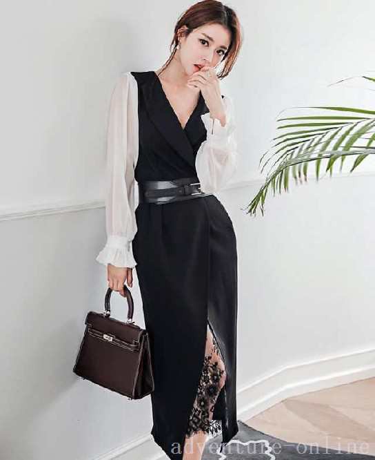 レビュー高評価商品 ランキング常連 即納OK レディース 店長太鼓判 今だけ ジッパー ハイウエスト ワンピース 袖あり ワンステップスカート Vネック レース シフォンスカート 長袖 プリンセススリーブ 即納対応中