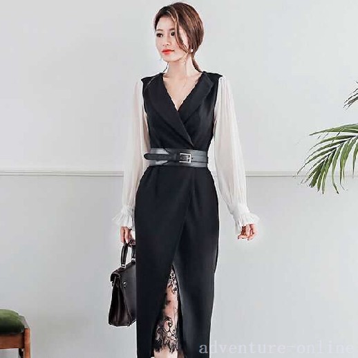 レビュー高評価商品 ランキング常連 即納OK レディース 店長太鼓判 今だけ ジッパー ハイウエスト ワンピース 袖あり ワンステップスカート Vネック レース シフォンスカート 長袖 プリンセススリーブ 即納対応中