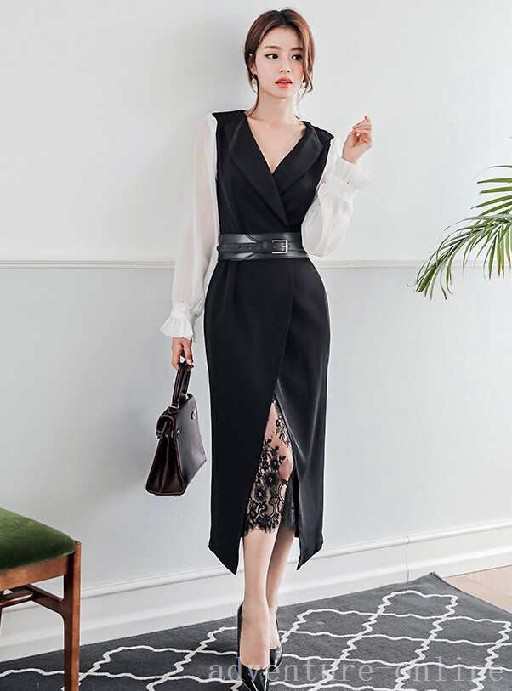 レビュー高評価商品 ランキング常連 即納OK レディース 店長太鼓判 今だけ ジッパー ハイウエスト ワンピース 袖あり ワンステップスカート Vネック レース シフォンスカート 長袖 プリンセススリーブ 即納対応中