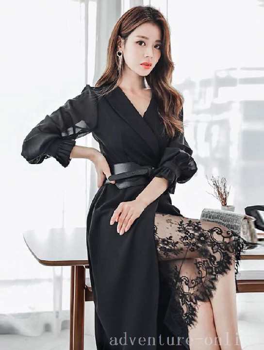 レビュー高評価商品 ランキング常連 即納OK レディース 店長太鼓判 今だけ ジッパー ハイウエスト ワンピース 袖あり ワンステップスカート Vネック レース シフォンスカート 長袖 プリンセススリーブ 即納対応中