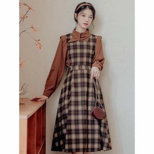 レビュー高評価商品 話題商品 レディース 店長太鼓判 ロング SNS話題 長袖 ミモレ丈 チェックワンピース 秋冬 ジャンパースカート カジュアル セットアップ コーデセット シャツブラウス 送料無料