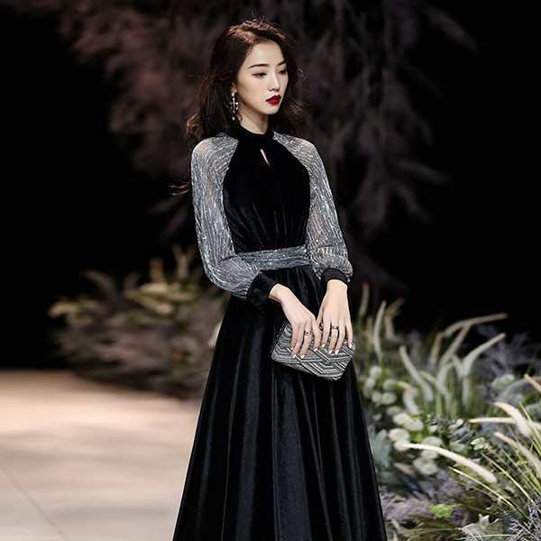 ランキング常連 生活快適特集 ギフトにも最適 ピアノ発表会 今だけ 母親 ピアノ 黒ドレス 収納便利 ベロア 演奏 ワンピース 演奏会 キラキラ ロングドレス 長袖 大人 袖付き 発表会 結婚式 秋冬 ドレス お買い得プライス クリスマスギフト