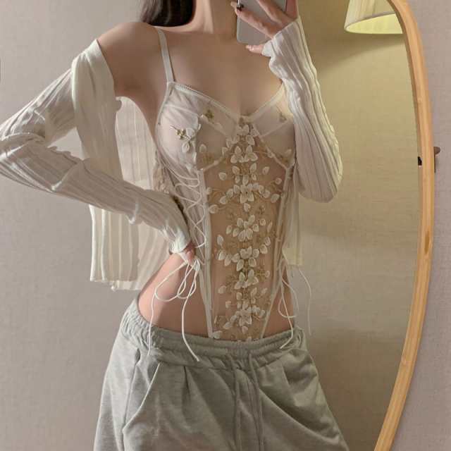 3色 インナー 下着 ラン ボンテージ 見せる下着 ナイトウェア 花柄 刺繍 透け感 大人可愛い グレー 灰色 ピンク ホワイの通販は 6,008円