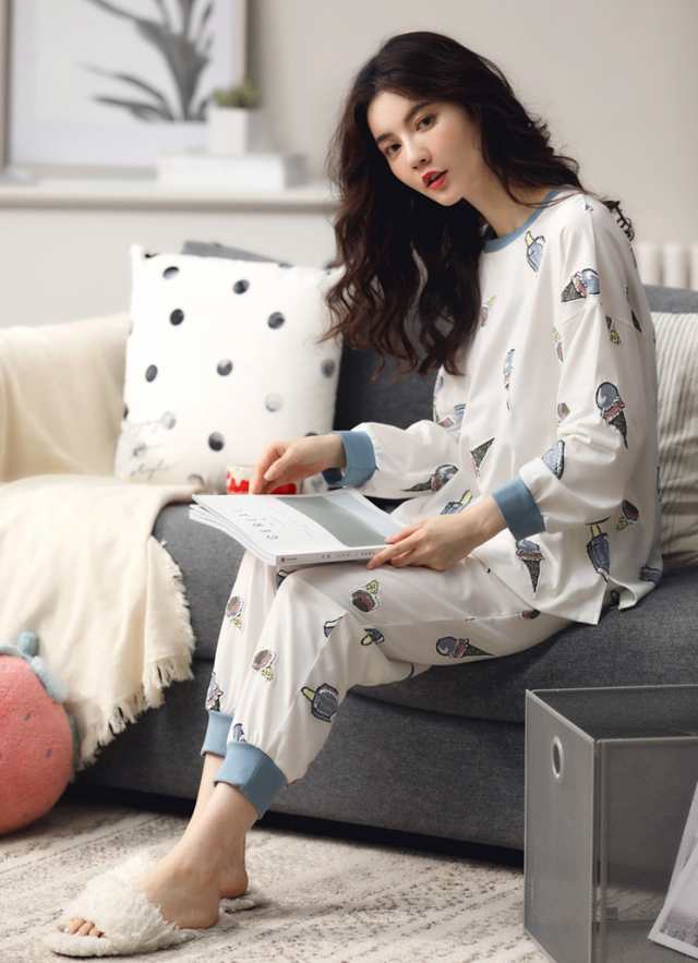 アイスクリーム柄パジャマ ルームウェア パジャマ 部屋着 寝巻き ナイトウェア ロング ロング丈 袖あり 長袖 ラウンドネック ウエストゴの通販は