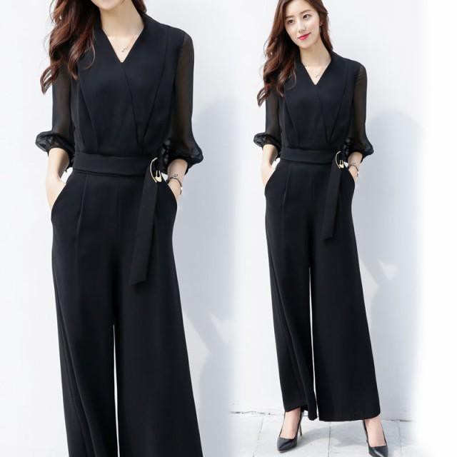人気急上昇 売上急増中 レディース 秋の新作特集 品質安心 ワイドパンツ お呼ばれドレス パーティードレス ロング丈 黒 かっこいい Vネック パンツドレス オールインワン 結婚式 即納対応中 送料無料
