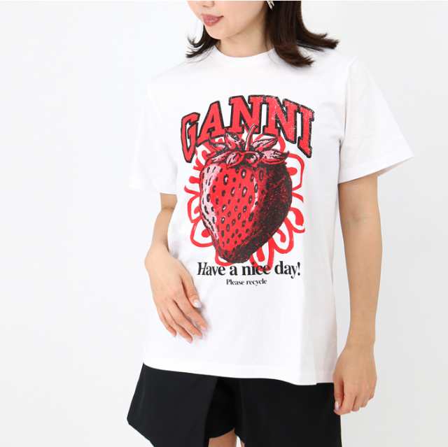 GANNI ガニー レディース Tシャツ T3892 WHITE RELAXED STRAWBWRRY T-SHIRT クルーネック 半袖 イチゴ ロゴ SS TEE カットソー ブランド