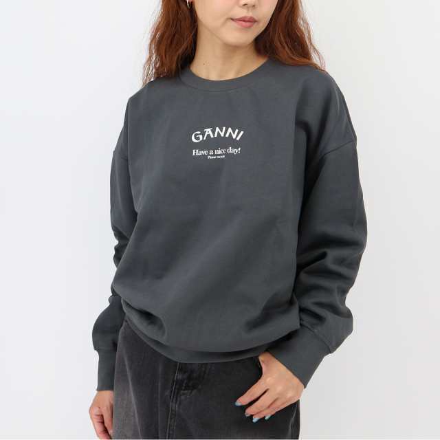 GANNI ガニー レディース スウェット T3885 GREY ISOLI OVERSIZED SWEATSHIRTT クルーネック 長袖 ロゴ トレーナー 裏起毛 ブランド