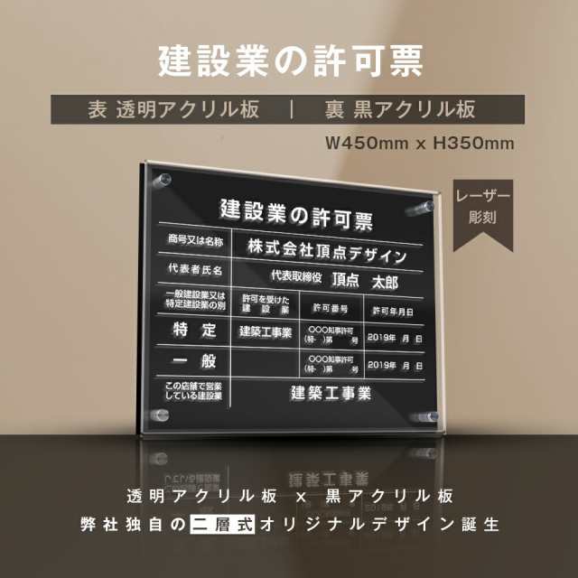 期間限定☆ポイント10%還元／建設業の許可票 看板 W45cm×H35cm 【透明アクリル板×黒アクリル板】看板【文字彫刻加工】建設業許可 建設業  許可票 文字入れ無料 建設 各種業者不動産看板 国家 法令看板 宅建表札 宅建看板 不動産 標識 短納期 gs-pl-rb-t-ckの通販はau  PAY ...