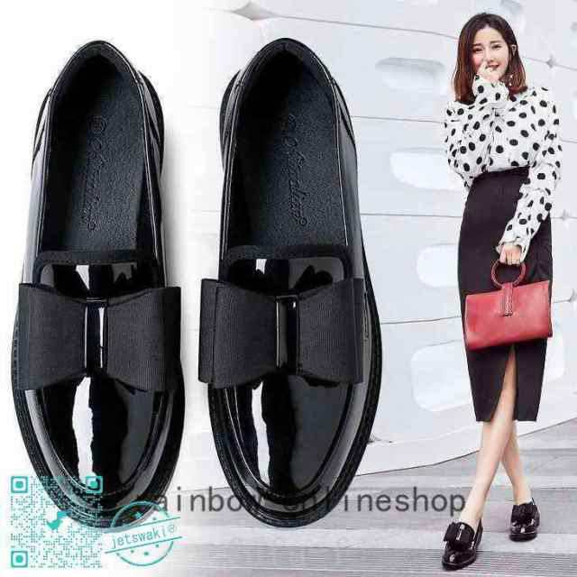 リボン付きローファーレディース革靴スリッポンおじ靴厚底オックスフォードシューズ太めヒールフラットエナメル靴マニッシュシューズ通勤の通販は 5,322円