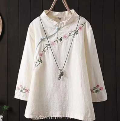 アジアン刺繍チュニック トップス チュニック シャツ ブラウス ロング 七分袖 ハイネック Aライン 刺繍 かわいい 大人可愛い きれいめ シの通販は 5,630円