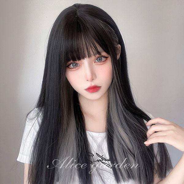フルウィッグ かつら インナーカラー グレー 女性長髪ストレートロング丈ロングウィッグ ロングヘアウイッグ wig コスプレ耐熱ウィッグ黒の通販は