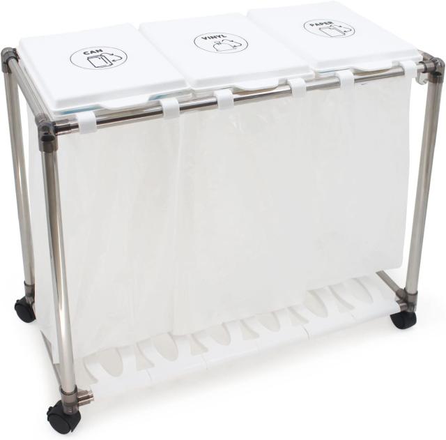 ゴミ袋ホルダー 分別 ゴミ箱 キャスター付き ごみ箱 ダストワゴン 蓋付き ゴミ袋スタンド スリム 縦開き おしゃれ ダストボックス レジ袋 ポリ袋 エコ ステンレス製 分別シール付 30L×3分別 (ホワイト)