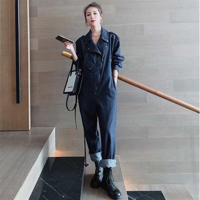 デニム ジャンプスーツ セットアップ オールインワン ロング丈 袖あり Vネック ワイド アシンメトリー 切り替えデザイン デニム ブルーデの通販は 10,569円