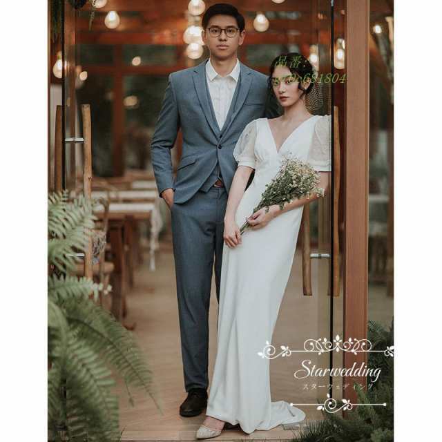 ウェディングドレス フォトウェディング 二次会 花嫁 白 ワンピース パフスリーブ 結婚式 韓国風 ブライダル エレガンス 披露宴 ロングドの通販は 12,857円