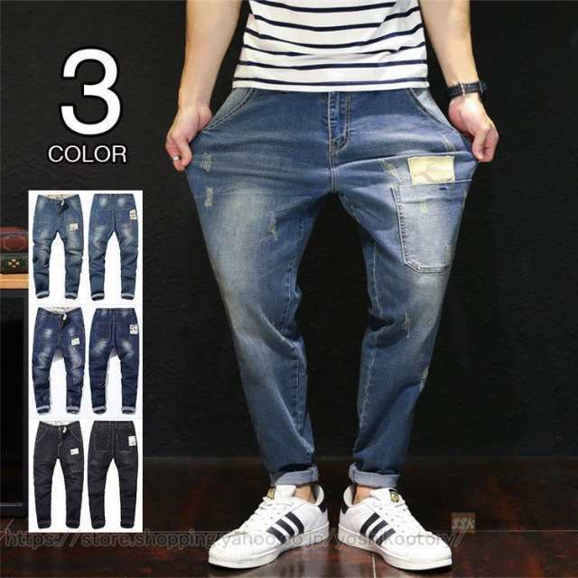 ジーンズ メンズ デニム サルエル 黒 ブルー パンツ ストレッチ ヴィンテージ ボトムス ジーパン ファッション 大きいサイズの通販は