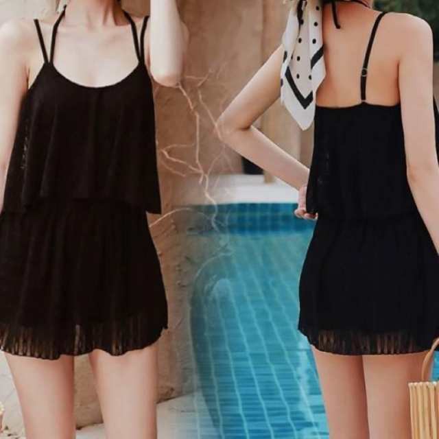 水着 レディース 新デザイン 高校生 中学生 10代 20代 フェミニン 2点セット タンキニ 黒 体型カバー 12442の通販は