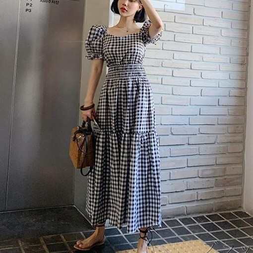 ゆるふわ 2段フリルギャザー ナチュラル ギンガムチェック柄 ロング丈 ワンピース リゾートの通販は 6,098円