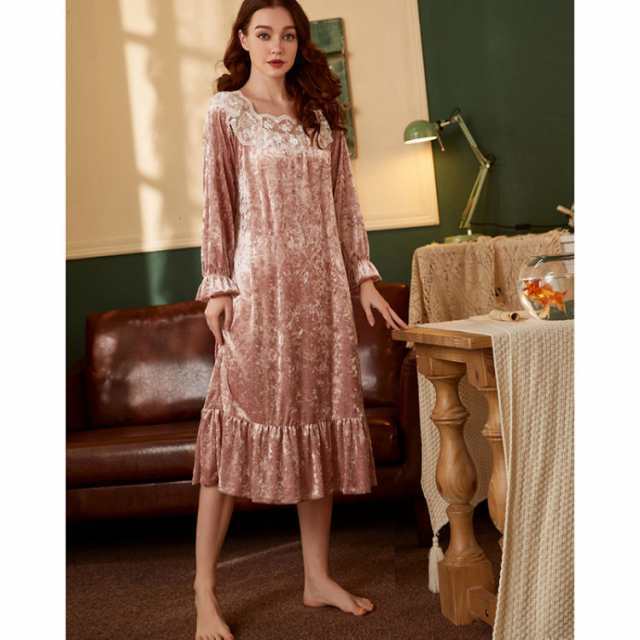 送料無料 ネグリジェ レディース 長袖 春秋 ロング丈 レースフリル 姫系 ルームワンピース ゆったり 無地 プリンセス おしゃれ レース フリル 部屋の通販は