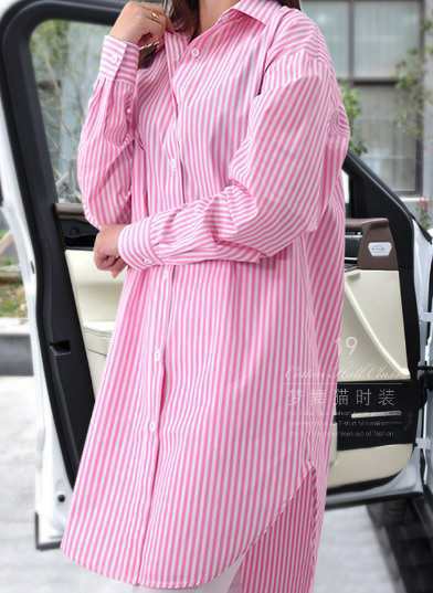 トップス シャツ おしゃれ シンプル ゆったり ブルー ピンク 綿 ストライプ 襟付き 長袖 春 大きいサイズ 大人女子 OL オフィス 仕事の通販は