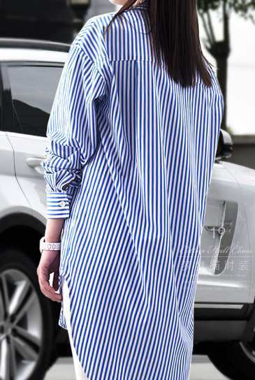 トップス シャツ おしゃれ シンプル ゆったり ブルー ピンク 綿 ストライプ 襟付き 長袖 春 大きいサイズ 大人女子 OL オフィス 仕事の通販は