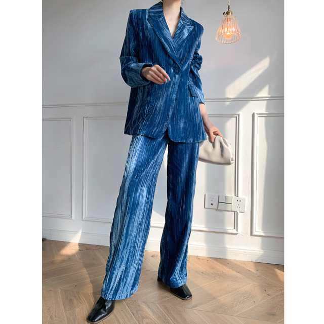 セットアップ ジャケット スーツ ストレートパンツ 長袖 Vネック ストレート ベロア 上下セット シンプル 大人 上品 おしゃれ かっこいいの通販は