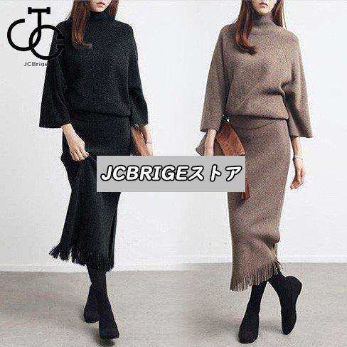 ニットワンピース セットアップ レディース 40代 秋冬 ニット タイトスカートセットアップ フリンジ 膝丈 きれいめ 長袖セーター 通勤 着痩せ オシャレの通販は
