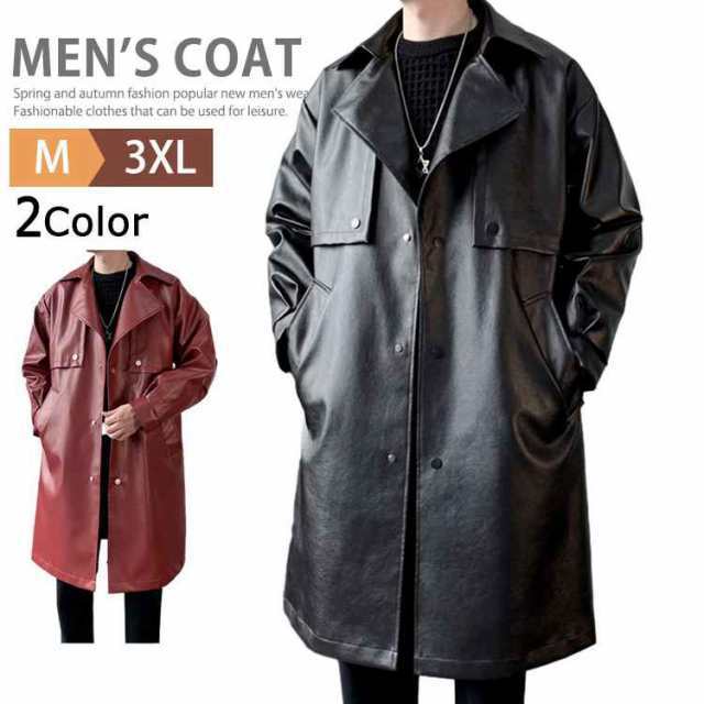 レザーロングトレンチコート メンズ レザージャケット ビジネスコート 革ジャン 皮ジャン ジャンパー フォーマル シングルライダース ロの通販は