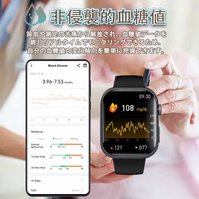 スマートウォッチ 血糖値 2.1インチ 多機能測定 チブルートゥース通話 ECG心電図 血圧 心拍
