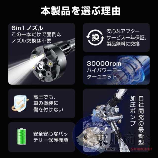 高圧洗浄機 コードレス 充電式  バッテリー互換対応 家庭用 業務用 3段階調整 6in1 軽量 8.0MPa ポータブル 強力噴射 自吸式 洗車機 電動工具