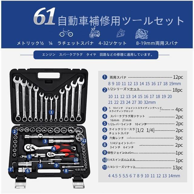 超人気 61点セット 工具セット バイク 自転車 パーツ ソケットレンチセット 修理 整備 DIY 便利 簡単 タイヤ交換