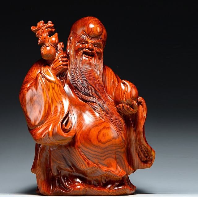 木彫仏像 七福神 置物 福禄寿 木像 木製フィギュア 黄花梨 花梨木 高級天然カリン材 神像 仏像コレクション 木彫り置物 (高さ：15cm)