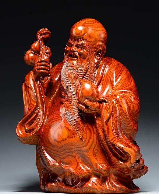 木彫仏像 七福神 置物 福禄寿 木像 木製フィギュア 黄花梨 花梨木 高級天然カリン材 神像 仏像コレクション 木彫り置物 (高さ：15cm)
