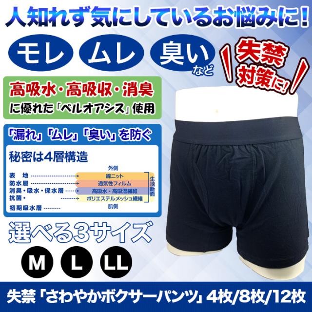快適生活 失禁「さわやかボクサーパンツ」12枚 尿漏れ対策 漏れない 下着 メンズ M L LL 汗 尻汗 残尿 ズボンへのシミ防止 エチケット_1