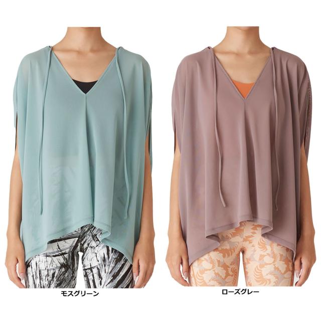 リアルストーン RealStone デザイントップ 日本製 ヨガ ピラティス トレーニング ジム フィットネス 宅トレ ウエア 5分袖 二の腕カバー ポンチョ型 ホットヨガ 伸縮性 メッシュ素材  RFC023TS