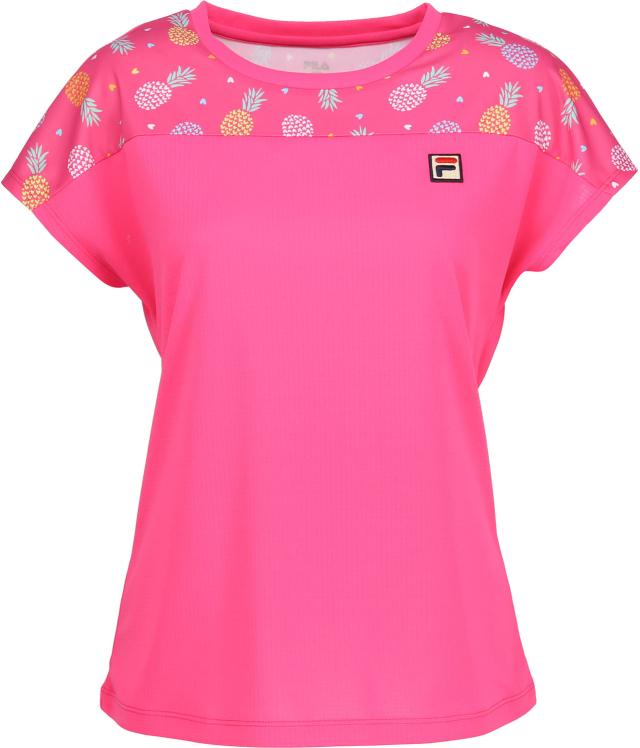 フィラ FILA テニス ゲームシャツ レディース ウィメンズ 女性 テニスウェア Tシャツ トップス 半袖 メッシュ 吸水 速乾 UVカット 汗染み防止 総柄 ワッフル 春夏 涼しい CZ6SGW007_1