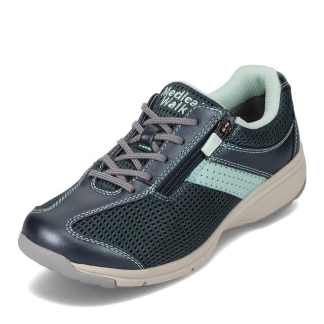 ローカットスニーカー レディース ウォーキングシューズ メッシュ素材 通気性 衝撃吸収 安定感 ファスナー付き 履きやすい 歩きやすい 4E相当 アサヒメディカルウォーク アサヒメディカルウォーク KV77454 ネイビーメタ 靴 シューズ