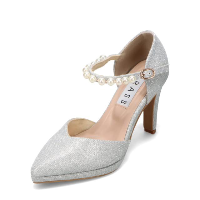 グラス GRASS GR405 レディース靴 靴 シューズ 2E パール付き セパレートパンプス ポインテッドトゥ アンクルストラップパンプス 美脚 パールストラップ ラメ 上品 入学式 卒業式 結婚式 二次会 オケージョンパンプス お呼ばれ パーティ シルバーの通販は