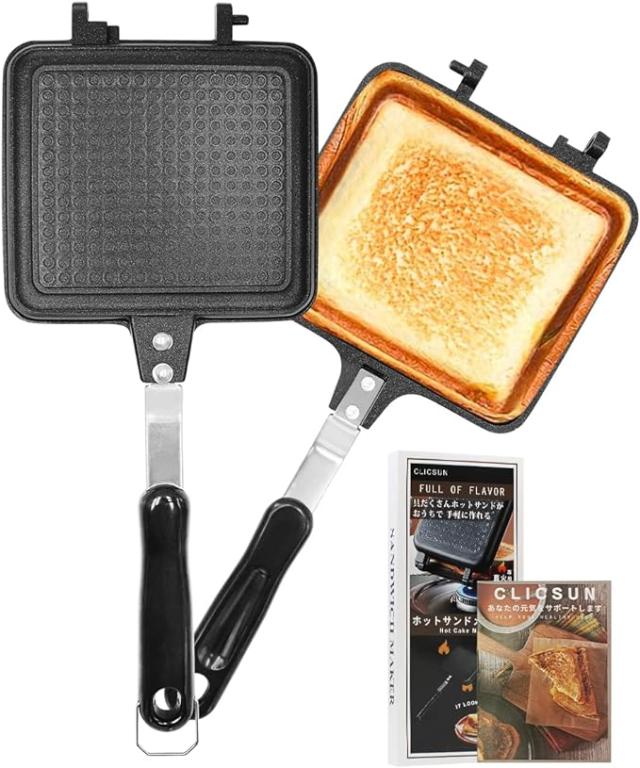 ホットサンドメーカー 直火 IH対応 ホットサンドイッチクッカー ホットサンドトースター レシピ付 両面焼き 着脱式 ロック付き フッ素加工 両面フラット キャンプ アウトドア 家庭用 耳圧着 ブラック