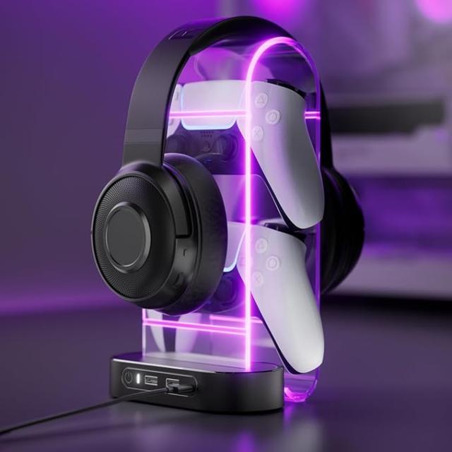 ヘッドフォンスタンド RGBライト付き 多機能ヘッドセットスタンド 卓上 安定性 アクリル素材 USBポート付き 小物収納 各機種に対応可能