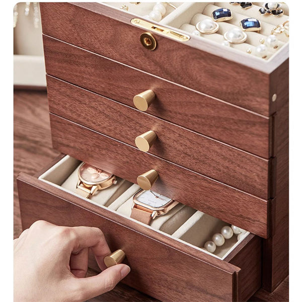 木製　アクセサリーケース 5段　引き出し　ミラー　ネックレスハンガー付き ジュエリーケース 木製 5段 引き出し式 ミラー 鍵付き ジュエルケース
