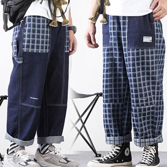 デニムパンツ メンズ ワイドパンツ ジーンズ ストライプ レディース 大きいサイズ ストレート 長ズボン 春夏 韓国風 切り替え チェック柄 ゆった agesugi_sfaの通販は