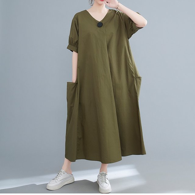 ワンピース ロングワンピース 半袖 Vネック ポケット ロング丈 かわいい 大人可愛い きれいめ シンプル カジュアル 上品 おしゃれの通販は 5,980円