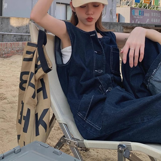 パンツ ボトムス サロペット デニムパンツ 袖なし ノースリーブ ストレート ハイウエスト デニム ブルーデニム ニット かわいいの通販は 5,480円