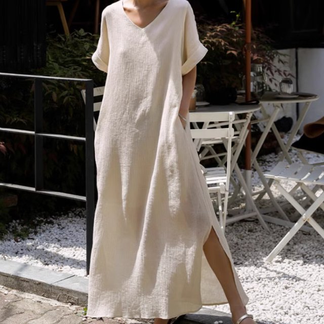 スカート ワンピース プルオーバー ドレス レディース ロングスカート ロング 半袖 Vネック 襟なし ワイド リボン ウエストマークの通販は