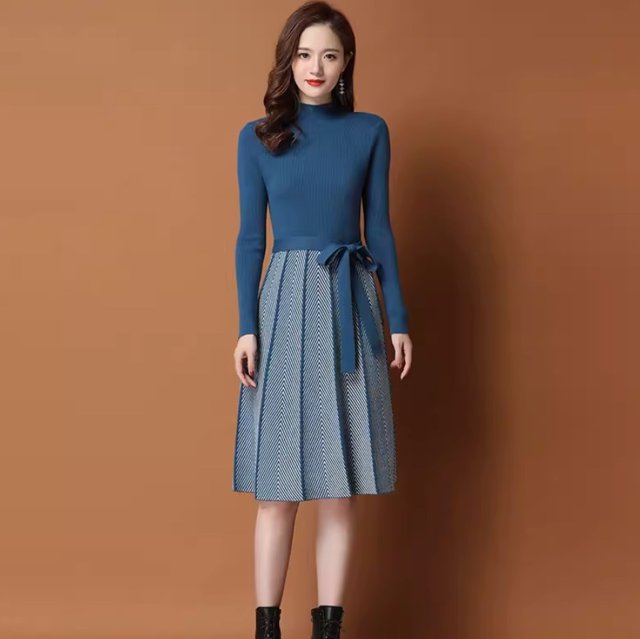 ワンピース レディース ニットワンピ 膝丈 長袖 タートルネック フレア Aライン フェミニン プリーツ ウエストリボン ハイウエストの通販は 5,442円